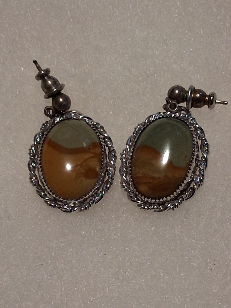 Vintage Sterling Silver Picture Jasper Dangle Post Earrings