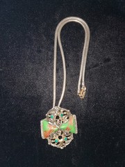 Selro Selini Unsigned Green Art Glass Rhinestone Pendant Necklace Chunky Funky