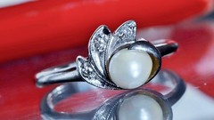 10k white gold size 6.75 ring 5.3mm cultured pearl natural diamond antique 2.28g