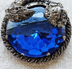 Rare Vintage Tomeco Slovaquie Flower Silver Marcasite Blue Stone Brooch Pin
