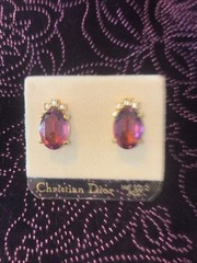 Vintage NWT Christian Dior Oval Purple Glass Crystal 14k Gold Post Earrings
