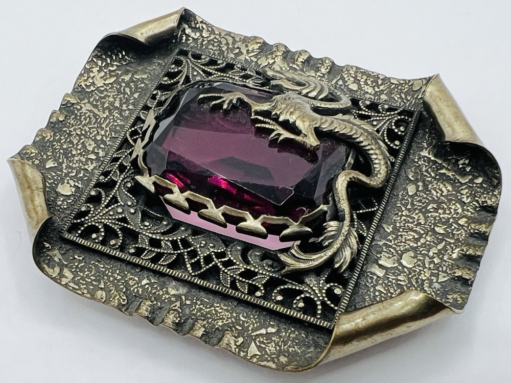 Victorian / Art Nouveau Dragon Sash Buckle, Huge Amethyst Glass Stone