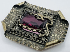 Victorian / Art Nouveau Dragon Sash Buckle, Huge Amethyst Glass Stone