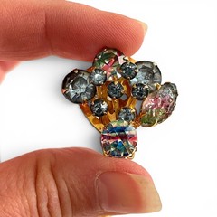 Vintage Iris Glass Clip Earrings Gold Tone Smoky Gray Rhinestone Cluster 1950s