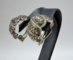 Vintage Silver Tone Clip On Half Moon Earrings with Small Rhinestones 1″