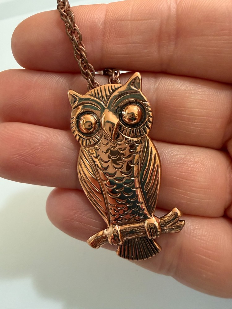 Vintage Solid Copper Owl Pendant Necklace Mid Century 1970s Nature Wildlife Boho