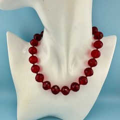 Vintage Red Glass Bead Choker Necklace Faceted Chunky Heavy Hand Knotted Czech?