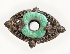 Art Deco Molded Faux Jade Green Czech Art Glass Filigree Silvertone Brooch