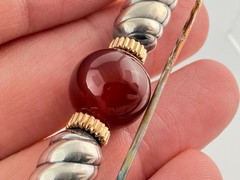Vintage NR Signed Sterling Silver and 14kt Gold Carnelian Bead Bar Brooch Pin