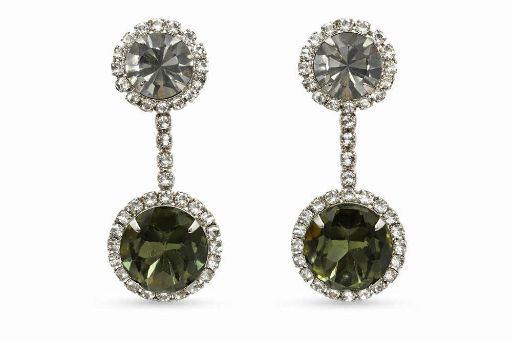 Vintage Rhinestone Drop Earrings Faceted Smoky Gray Crystal Silver Tone Glam