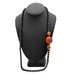 Asian Chinese Inspired Red Carved Cinnabar Black Onyx Bead Beaded Necklace 33 In