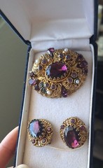 Vintage Germany Garnet/Amerhyst Rhinestone Filigree Brooch W/ Earrings