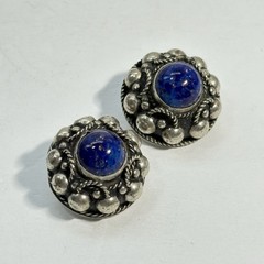 VTG ALB ITALY Clip Back Blue Lapis Art Glass Earrings Round Ornate Silver 7/8″