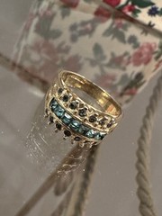 Vintage 18KT HGE Gold Plated Teal Green CZ Rhinestones Ring Size 5