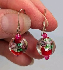 Vintage Sterling Silver Pink Roses Crystal Glass Lampwork Beaded Dangle Earrings