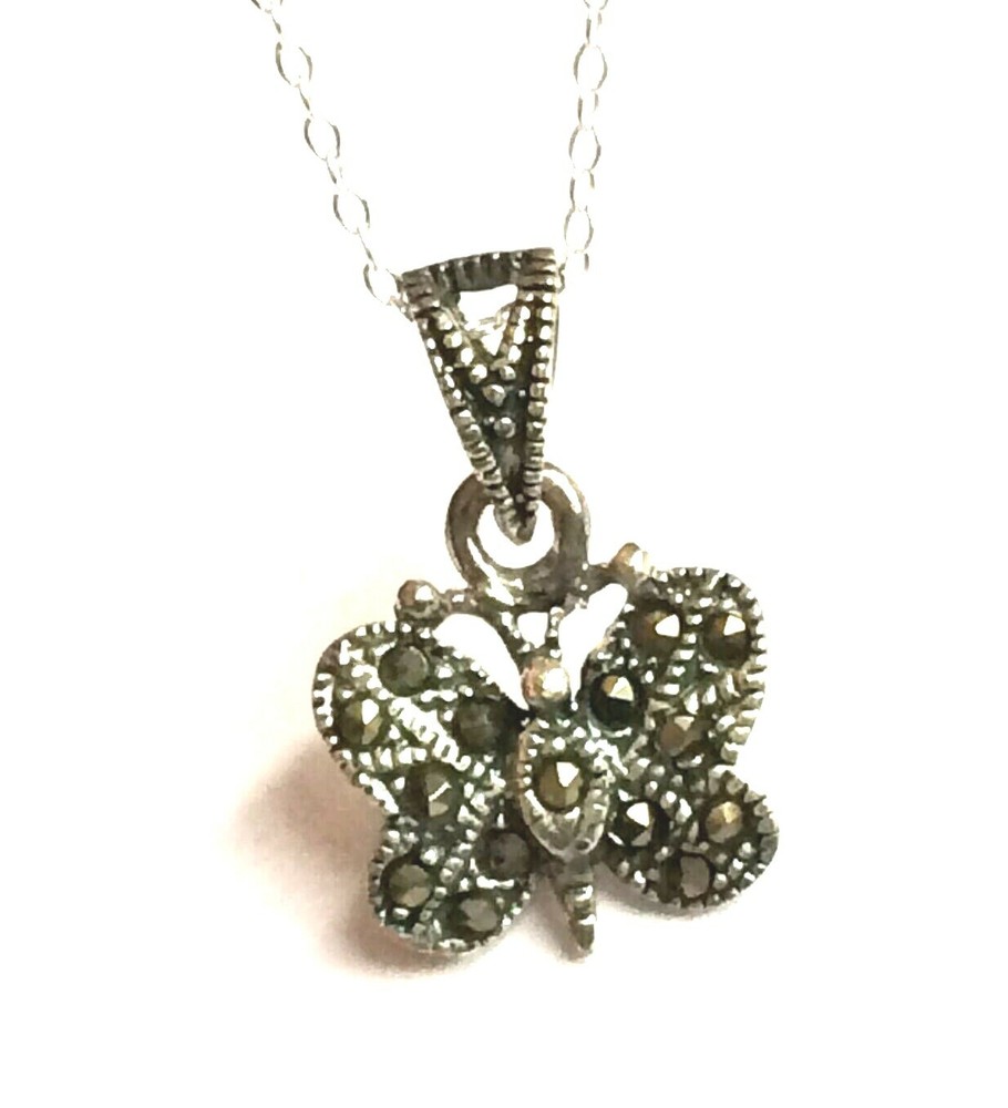 Vintage Sterling Silver Marcasite Butterfly Necklace 18″ Pendant Dainty Black