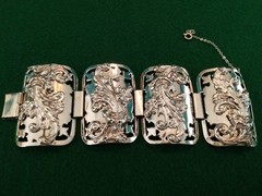 Marino Wide Panel Silver Plate Bracelet Acanthus Leaf Repousse Victorian Revival
