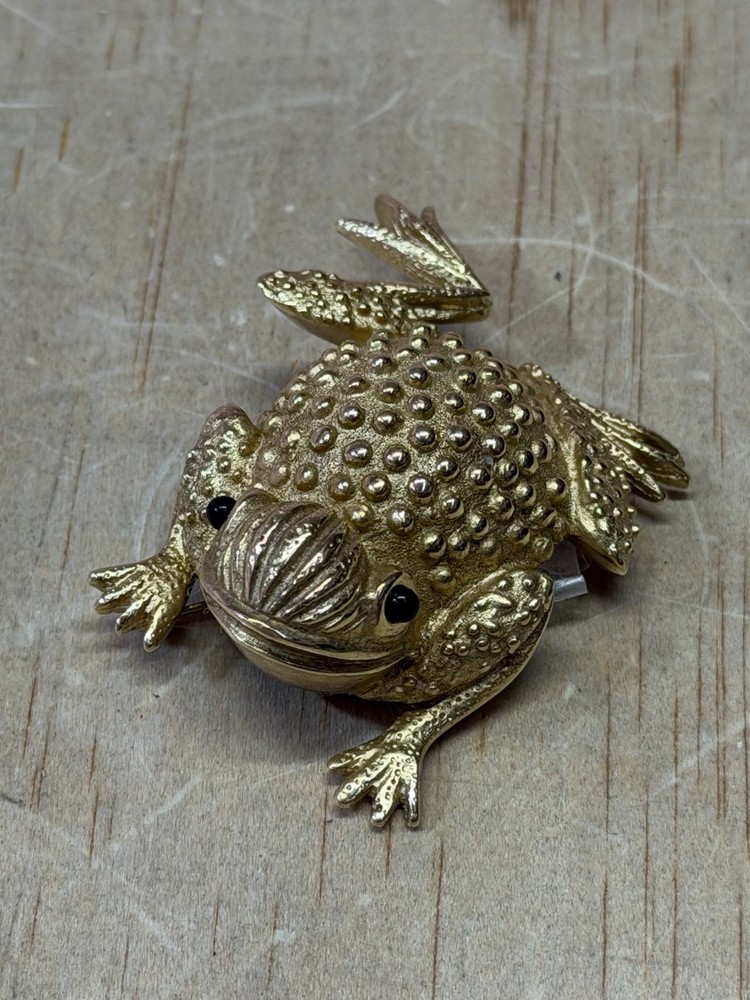 VTG 1990’s ERWIN PEARL DESIGNER GOLDTONE with BLACK GLASS EYES FROG TOAD BROOCH