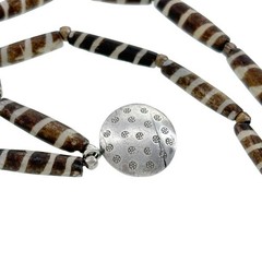 Vintage Sterling Silver African Batik Bone Beaded Necklace with Pendant 19.5″