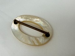 Antique Victorian Era Brass Oval Mother Of Pearl Shell Buckle or Scarf Slide