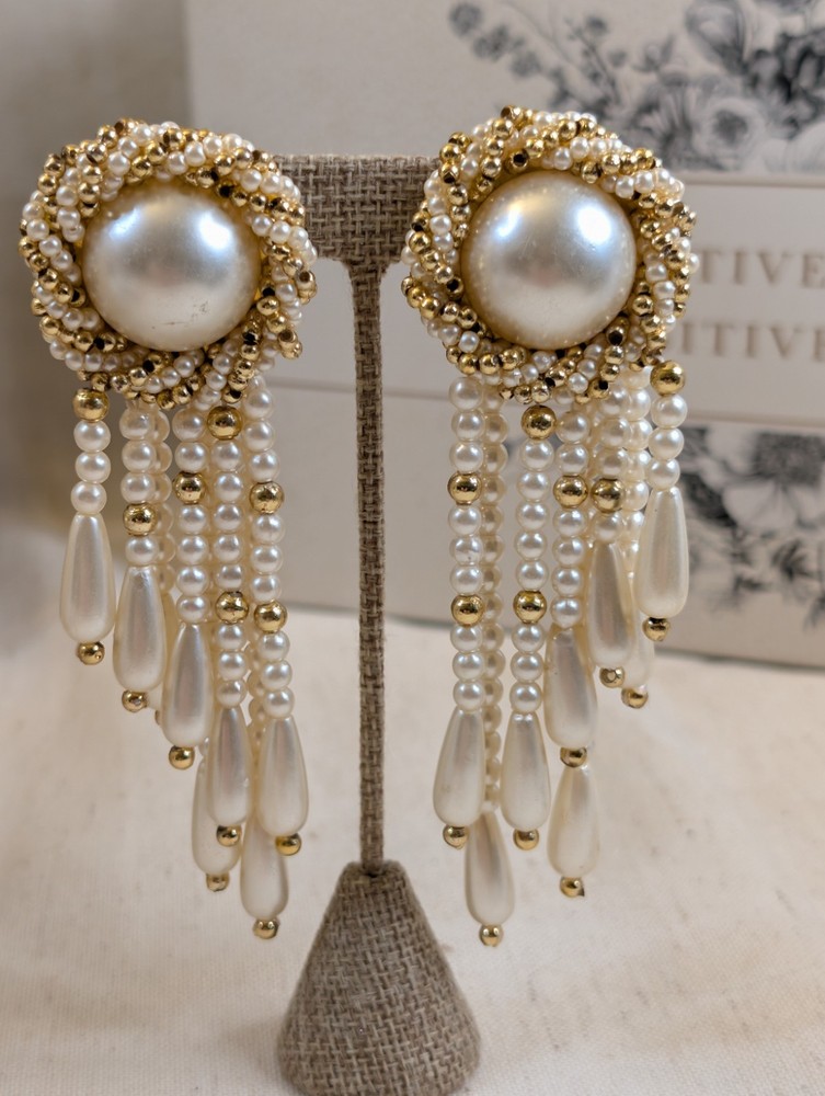 Vintage Faux Pearl Waterfall Pierced Earrings Gold Tone Statement Runway Glam