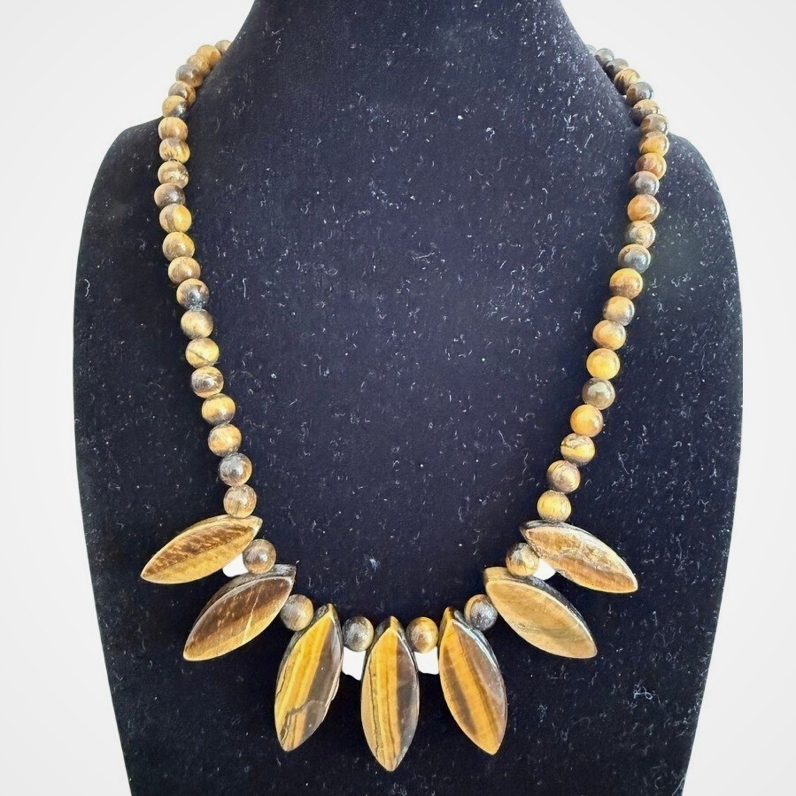 Vintage Tiger’s Eye Beaded Bib Necklace 17″ Large Gemstones Statement Boho Chic