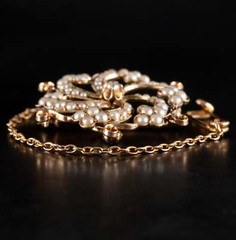Vintage 1920s 14k Yellow Gold Pearl Old Mine Diamond Pin Pendant Combo .05ctw