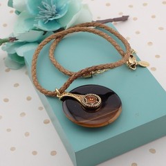 Vintage Joan Rivers Brown Art Glass Circle Rhinestone 18″ Pendant Necklace