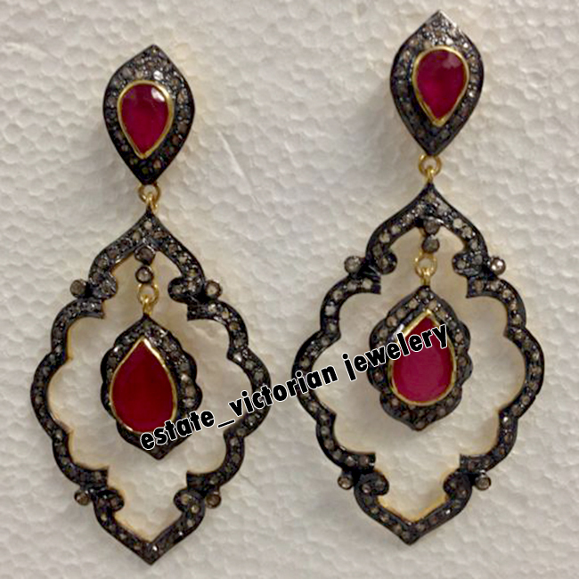 2.59ctw Rose Cut Diamond Ruby Studded Silver Victorian Stunning Earring Jewelry