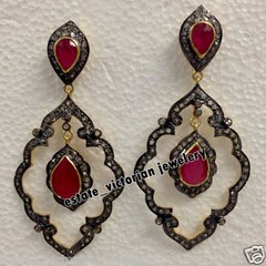 2.59ctw Rose Cut Diamond Ruby Studded Silver Victorian Stunning Earring Jewelry