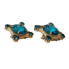 Gold Tone Teal Lucite Rivoli, Glass Rhinestone Square Clip On Earrings E836