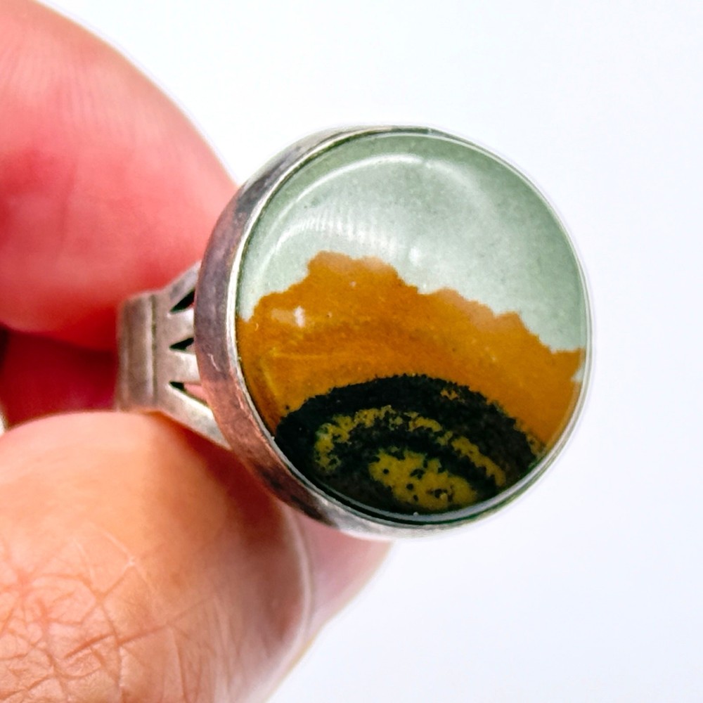 Vintage Modernist Picture Jasper Sterling Silver Ring Size 7.25