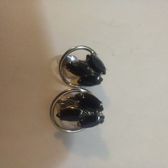 Vtg Black Rhinestone Clip On Earrings Silver Finish 3 Stone MCM