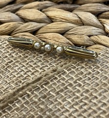 Victorian Revival Bar Pin Gold Tone Faux Pearl Brooch Vintage Costume Jewelry
