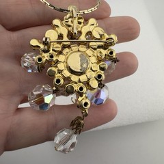 Vintage AB Glass Crystal & Clear Rhinestone Dangle Pendant Brooch &Gold Necklace