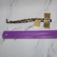 VTG Oriental Bamboo Brass Metal & Wood Beads Statement 14″ Necklace Signed H.LI