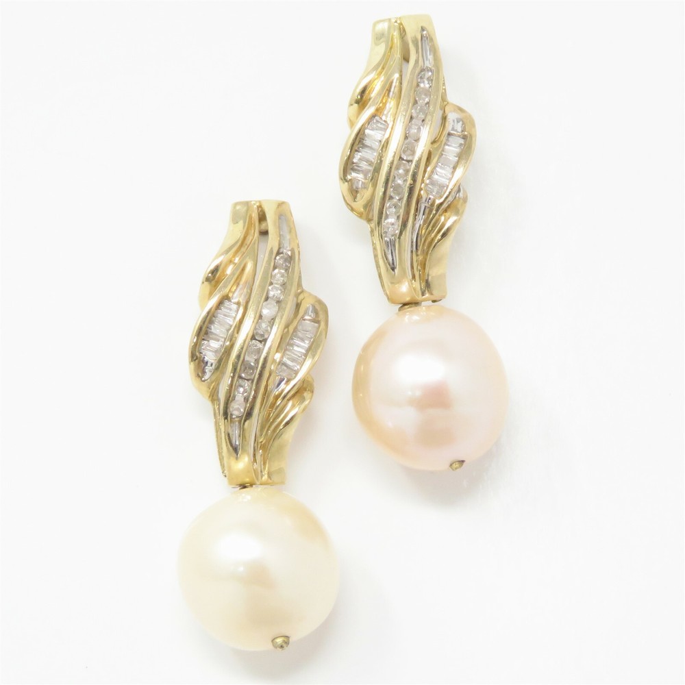 NYJEWEL 14k Yellow Gold 9.5mm Pearl 0.5ctw Diamond Stud Dangle Earrings
