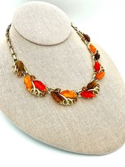 Mid Century Jelly Lucite Lisner autumn leaves and rhinestone choker 16″ adj.