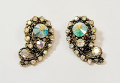 Vintage Gold Tone AB Rhinestone Rivoli Paisley Earrings