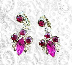 1960s Red Pink Fuchsia Rhinestone Dangle Earrings Vintage Retro Jewelry