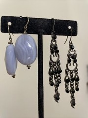 Blue Lace Agate Earrings Dangle Stone Black Chandelier Earrings Lot 2 Pair