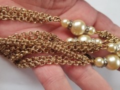 Vintage 54″ Multi Chain Necklace Faux Champagne Pearls Rhinestones Germany