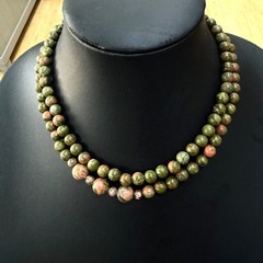 Vintage Necklace 2 Strand Green Pink Unakite Sterling Silver Closure 17 Inches