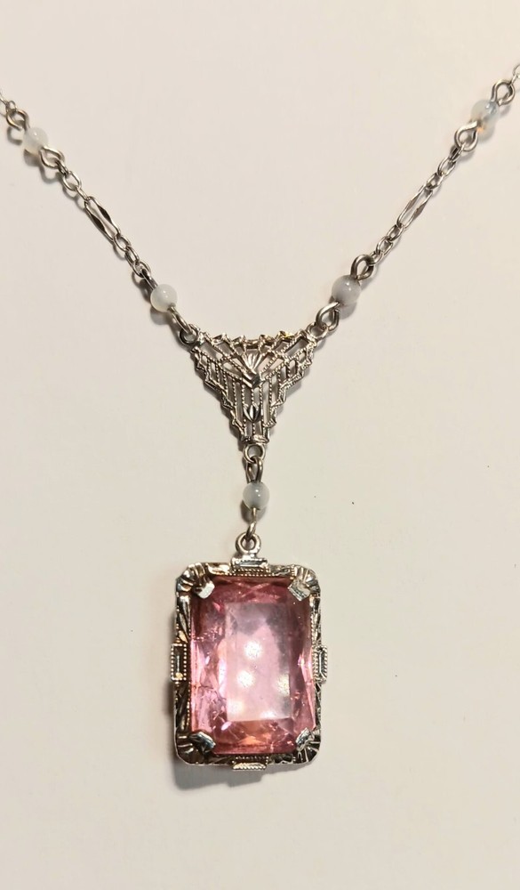 Antique Edwardian Belle Époque 10K White Gold Filigree 16 1/2″ Necklace