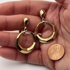 Gold Tone Round Dangle Drop Clip On Vintage Earrings ~1.5” long FREE SHIPPING