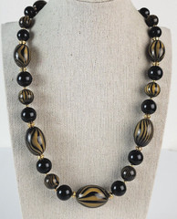 Vintage Black And Gold Color Fusion Plastic Beaded Necklace 30″ Spring Ring