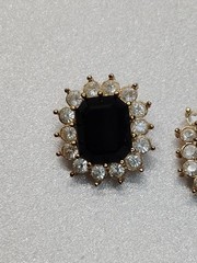 Vintage Signed Roman Black Onyx Clear Crystal Gold Tone Pierced Post Earrings