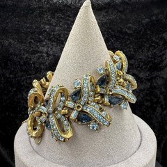 Vintage Holly Craft Rhinestone Bracelet Blue Gold Tone Signed 7” READ