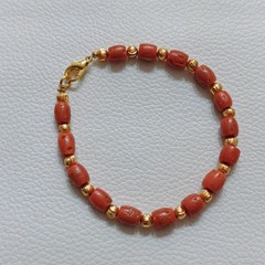 Natural Italy Red Coral Drum Beads Bracelet Brass Handmade CoralGemstone Jewelry