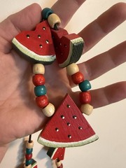 Vintage Fruit Salad Necklace Watermelon Wooden Beads Retro Signed 1987